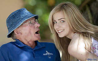 Beautiful teen sucks grandpa outdoors and she swallows it enclosing