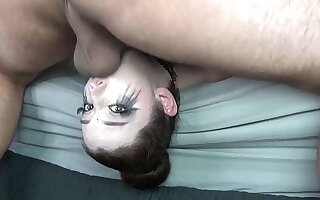 Chunky Titty Goth Babe with Soiled Ruined Makeup & Black Lipstick Gets EXTREME Off the Bed Upside Down Facefuck with Balls Deep Slamming Throatpie